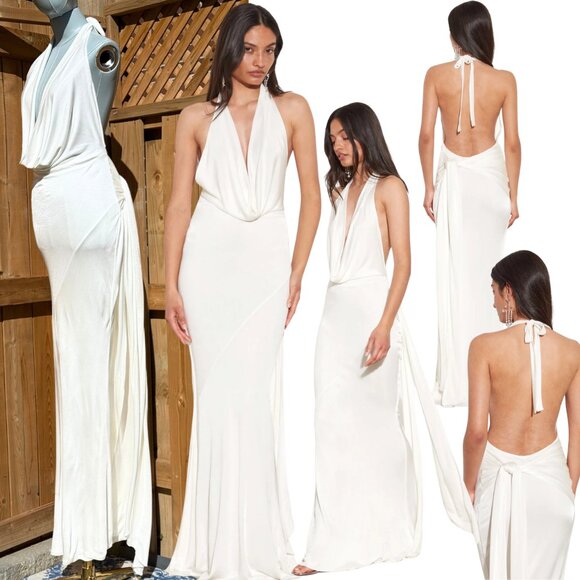 🆕 RAT & BOA 🧿 NWOT Winona White Slinky Cowl Neck Jersey Gown, Sz S - Picture 1 of 17